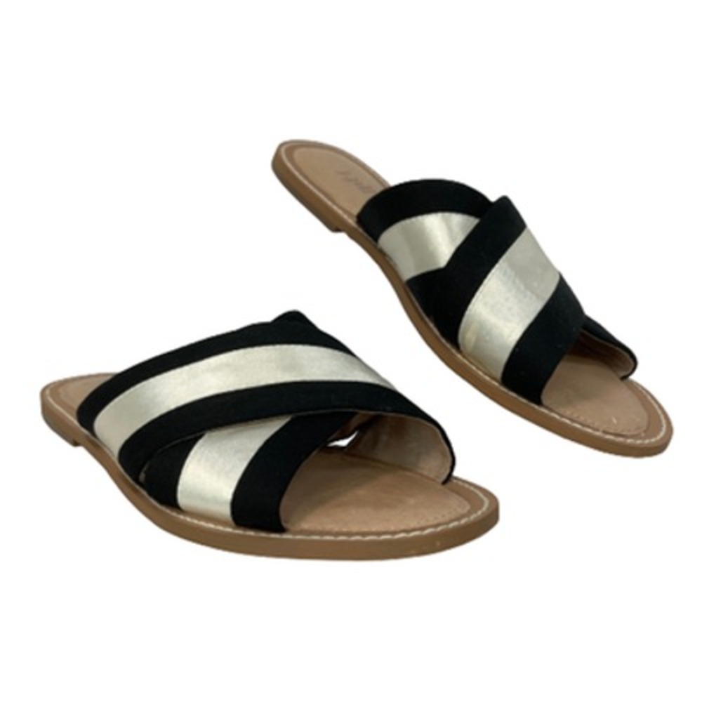 J. Jill Sandals Womens Sz 9 Black Ivory Satin Leather Slip On Crossover Flats
